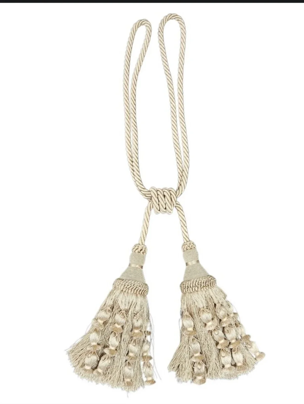 French Tassel Tiebacks PASSEMENTERIE Drape Curtain Braided Rope Tan Satin Sheen4